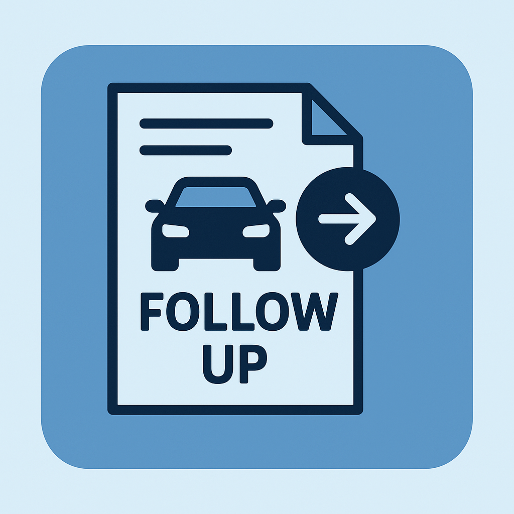 Ícono de seguimiento a prospectos automotrices con documento, auto y flecha de respuesta